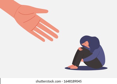 human hand helps sad and unhappy young woman in depression sitting, lonely girl hugging knees, sorrow, mental health concept, cartoon female character flat vector illustration