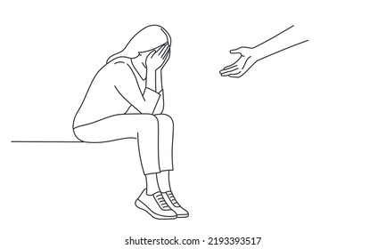 Human hand helps a sad woman. The concept of support and care for people under stress. Hand drawn vector illustration. Black and white.