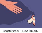 human hand helps sad young girl in depression lying hugging knees with flying hair, sorrow, mental health concept, cartoon female character flat vector illustration