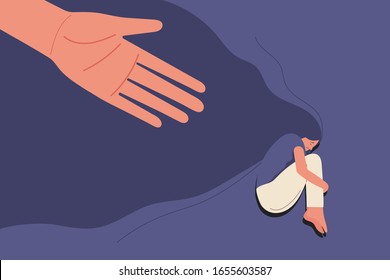 human hand helps sad young girl in depression lying hugging knees with flying hair, sorrow, mental health concept, cartoon female character flat vector illustration