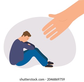 Human hand helps a sad young man. Mental health help for people under depression, vector illustration