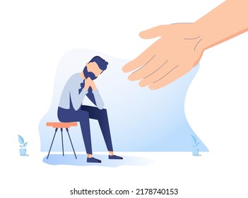 Human hand helps a sad young man to get rid of anxiety. The counselor supports the boy with psychological problems. Mental health aids and medical help for people under depression. Vector illustration