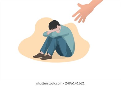 Human hand helps a sad young man. Mental health help for people under depression, vector illustration