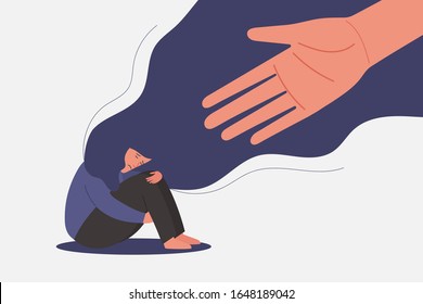 human hand helps unhappy and sad young woman in depression sitting, lonely girl hugging knees, sorrow, mental health concept, cartoon female character flat vector illustration