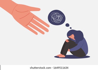 menschliche Hand hilft unglückliches und trauriges junges Mädchen in Depressionen sitzend, einsame Vektorillustration, die Knie mit verwirrtem Geist umarmt, Trauer, psychisches Gesundheitskonzept, Cartoon-weibliche Figur flache Illustration