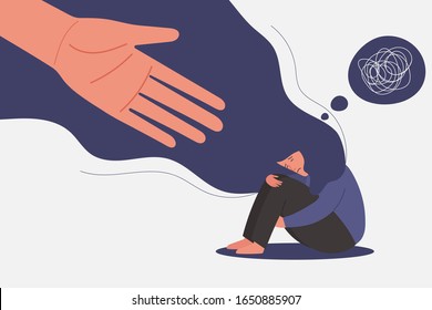 human hand helps unhappy and sad young girl in depression sitting, lonely woman hugging knees with confused on mind, sorrow, mental health concept, cartoon female character flat vector illustration