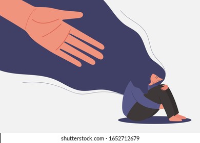 human hand helps unhappy and sad young girl in depression sitting, lonely woman hugging knees with flying hair, sorrow, mental health concept, cartoon female character flat vector illustration