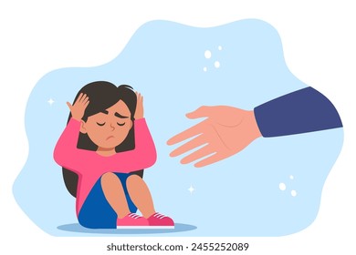 Human hand helps unhappy and sad kid in depression sitting. Mental health concept