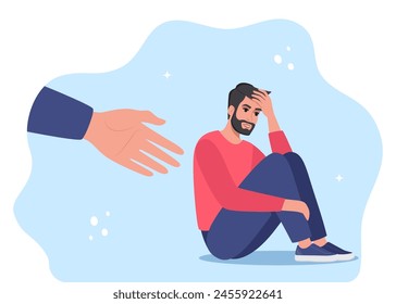 Human hand helps unhappy and sad young man in depression sitting. Mental health concept