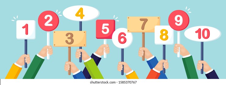 Human hand hold banner, placard with numeral alphabet. Signs with number. Card with amount of scores in tornament. Vote, contest, competition concept. Vector flat design