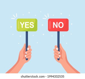 Human hand hold banner, placard with word Yes, No. Test question, choice, dispute, vote concept. Vector illustration