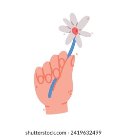 Human Hand Hold Blooming Meadow Flower on Stem Vector Illustration