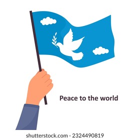 Human hand hold blue flag with peace dove. Peace to the world. Flat vector illustration