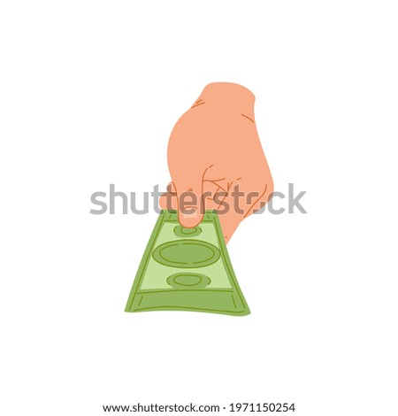 Human hand hold dollars, give, receive or show of money. Symbol of cash currency. Concept of payment of loan, donation or charity, cash back. Flat vector isolated illustration