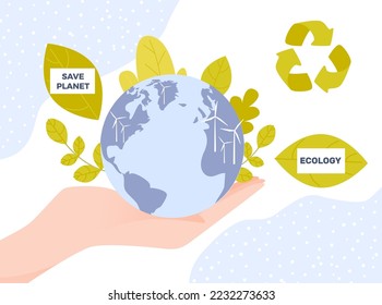 Human hand hold earth planet, zero waste environmental protection banner, save ecological clean recycling flat vector illustration.