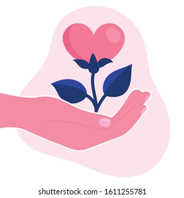 Human hand hold a flower in the form of a heart.Psychological support, help, psychotherapy Flat vector illustration