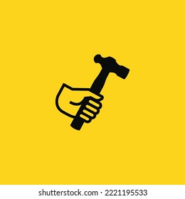 Human hand hold hammer simple logo icon sign design vector illustration. Isolated object on background