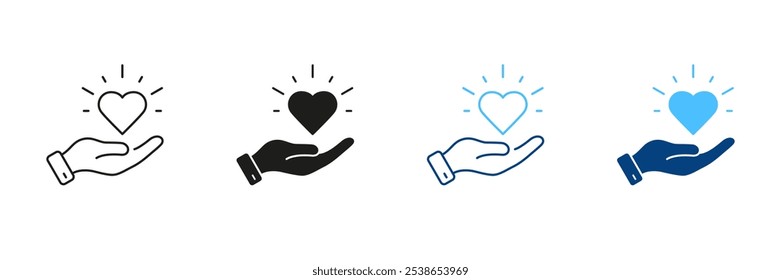 Mano humana Hold Heart Line y Silhouette Icon Set. Amor, Salud, Protección Pictograma. Símbolo De Donación Y Asistencia. Ayuda Médica, Signo De Solidaridad. Trazo Editable. Ilustración vectorial aislada.