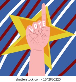 Human hand hold letters, word VOTE. Index finger. Presidential or government elections, election day in the United States, political voting, referendum. Vector illustration, web banner and poster