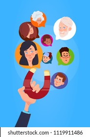 human hand hold magnet mix race chat bubbles, support virtual assistance of website or mobile applications, pulling concept flat Vector Illustration