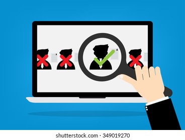 Human hand hold a magnifying glass for choosing the right personal with resume the best candidate on internet laptop computer.Vector illustration recruitment and job search concept.
