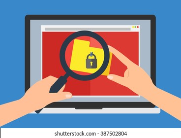 Human hand hold a magnifying glass find rasomware cryptolocker computer virus on laptop notebook on website download file folder. Vector illustration business computer security technology concept.