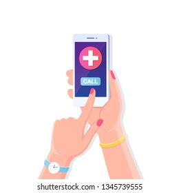 Human hand hold mobile phone with cross on screen. Call doctor, ambulance. Smartphone isolated on white background. Vector flat design