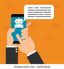 Human hand hold mobile phone with chatbot mobile on orange background.Vector illustration Chatbots AI artificial intelligence technology concept. 