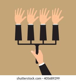 Human hand hold multiple hands for voting. Vector illustration elections votes fraud concept design.