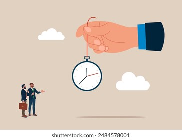 Human hand hold an office clock. 24-7 support service,  working hours. Success long term investment. Vector illustration