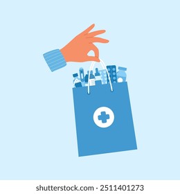 Human hand hold paper bag with pills bottles, drugs, medicines, pills blisters, thermometer inside. Online pharmacy. Health care concept