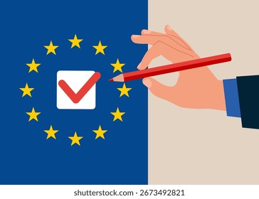 Die menschliche Hand hält den Bleistift. Abstimmung in der Europäischen Union. Demokratiefreiheitskonzept Kontrollkästchen Annahmeauswahl abgeschlossen ankreuzen. Flache Vektorgrafik
