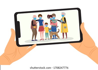 Human hand hold phone with family photo in masks. Parents, grandparents, children and pets photo. Save memories concept. Vector illustration