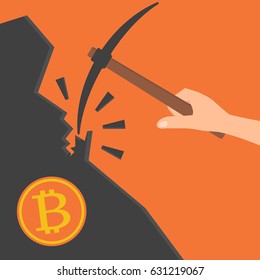 Human hand hold a pickaxe and bitcoin mountain.Vector illustration Bitcoin mining concept.