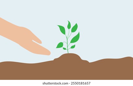 Human hand hold plant, Green Sprout, Go green planet, Planting tree and Growing Earth. Flat vector illustration.