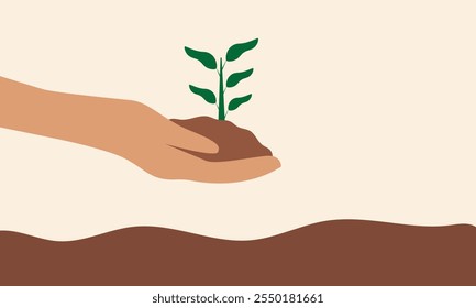 Human hand hold plant, Green Sprout, Go green planet, Planting tree and Growing Earth. Flat vector illustration.