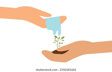 Human hand hold plant, Green Sprout, Go green planet, Planting tree and Growing Earth. Flat vector illustration.