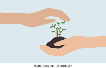 Human hand hold plant, Green Sprout, Go green planet, Planting tree and Growing Earth. Flat vector illustration.