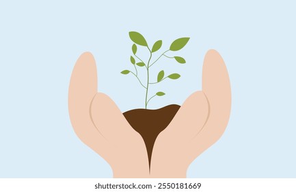 Human hand hold plant, Green Sprout, Go green planet, Planting tree and Growing Earth. Flat vector illustration.