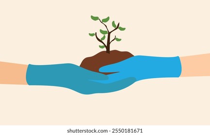 Human hand hold plant, Green Sprout, Go green planet, Planting tree and Growing Earth. Flat vector illustration.