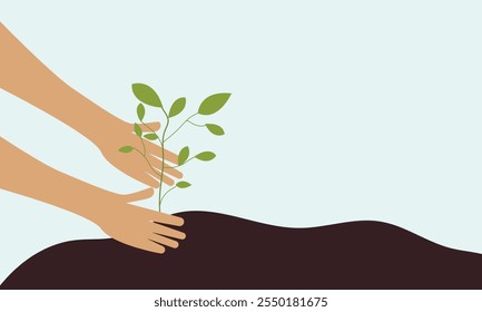 Human hand hold plant, Green Sprout, Go green planet, Planting tree and Growing Earth. Flat vector illustration.