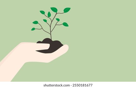 Human hand hold plant, Green Sprout, Go green planet, Planting tree and Growing Earth. Flat vector illustration.