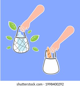 Human hand hold Plastic bag and eco bag. ecological lifestyle concept illustration