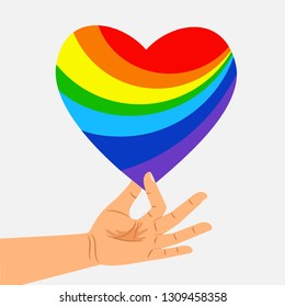 Human hand hold rainbow heart. LGBT concept. Illustration of lgbt rainbow heart vector