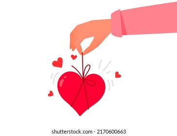 Human hand hold red shape heart with bow. Vector Valentine Day illustration on white color background. Flat style romantic design of sharing love heart for Valentines Day greeting card, holiday poster