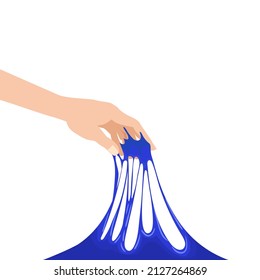 La mano humana sujeta el resbalón estirado. Juguete para niños de moco, squesinas coloridas y pegajosas, sustancia líquida de pegamento de gelatina, tencion, elasticidad. Ilustración del vector