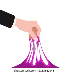 La mano humana sujeta el resbalón estirado. Juguete para niños de moco, squesinas coloridas y pegajosas, sustancia líquida de pegamento de gelatina, tencion, elasticidad. Ilustración del vector