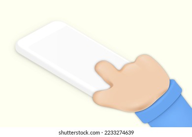 Human hand hold smart phone with finger touching touch screen. Hand scrolling or searching for something. Finger touching screen. Design for shopping banner, poster, ui, service concept. Vector 3d