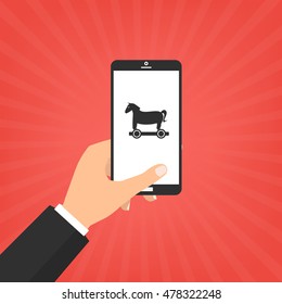 Human Hand Hold Smart Phone With Trojan Horse Malware Computer Virus. Vector Illustration Computer Security With Two Factor Authentication Concept.