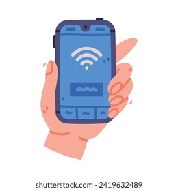 Human Hand Hold Smartphone Device with Wifi Vector Illustration